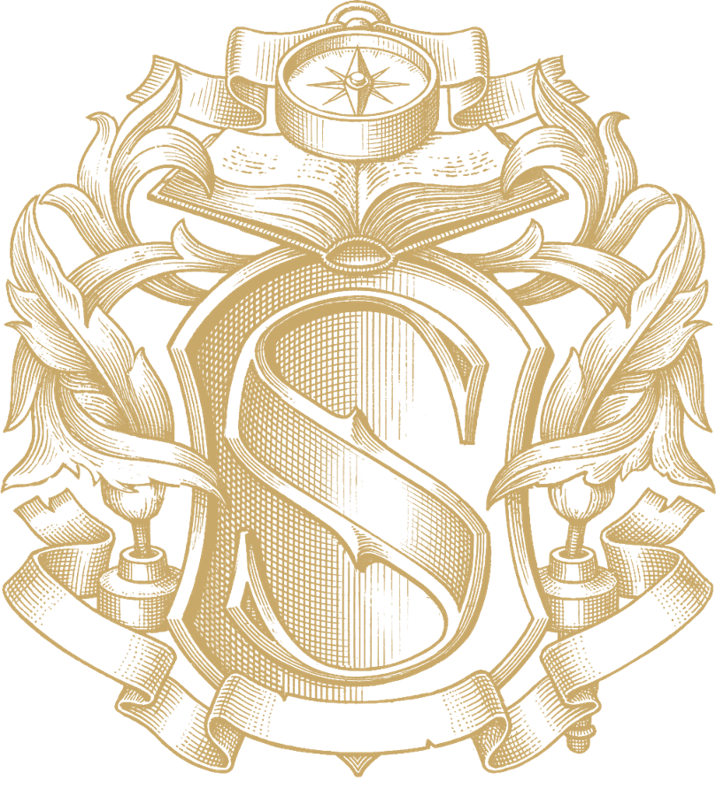 The Scholar Studio crest: an engraved S on a shield beneath a compass and an open book